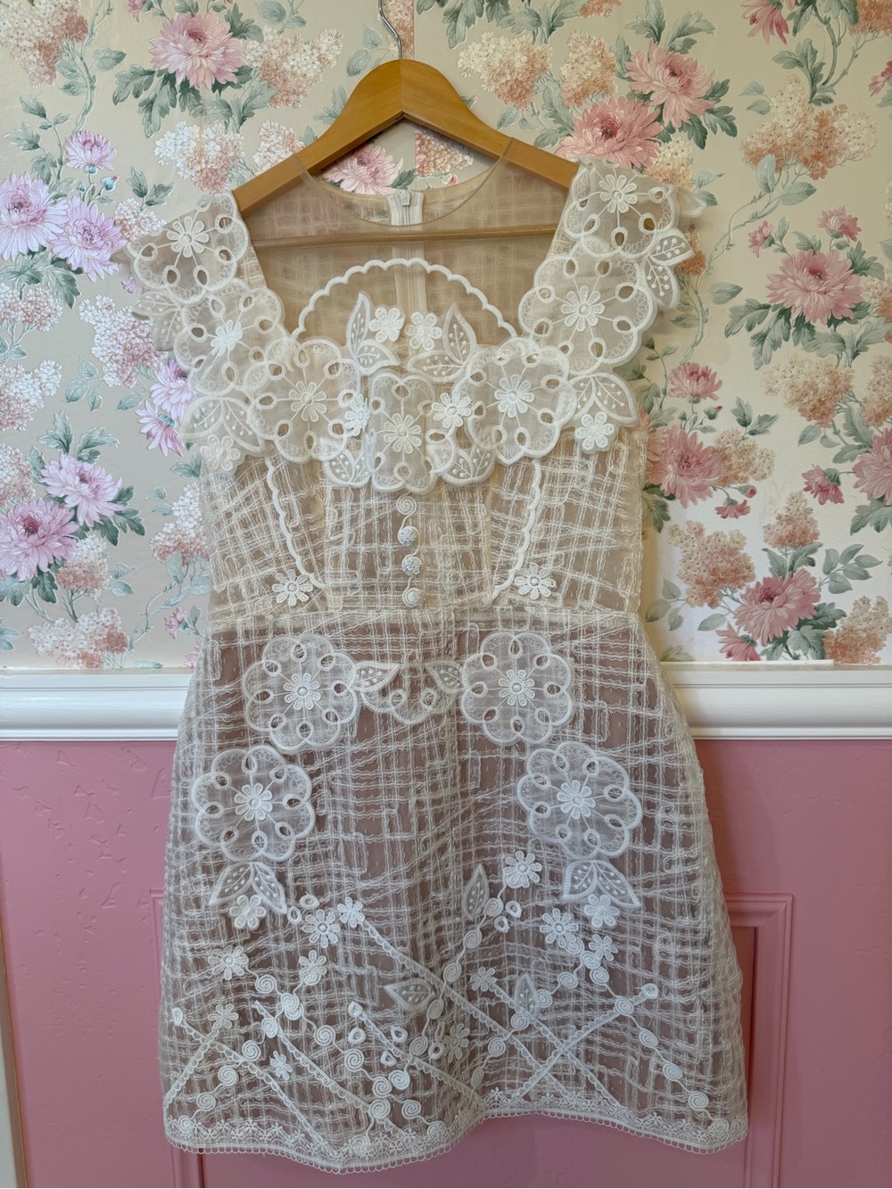 Ivory Lace Floral Mini Dress with Sheer Overlay
